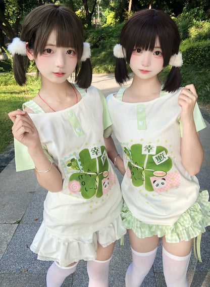 Print with Clover Wide White Sweet Colorblock Green T-shirt and Lucky Neckline
