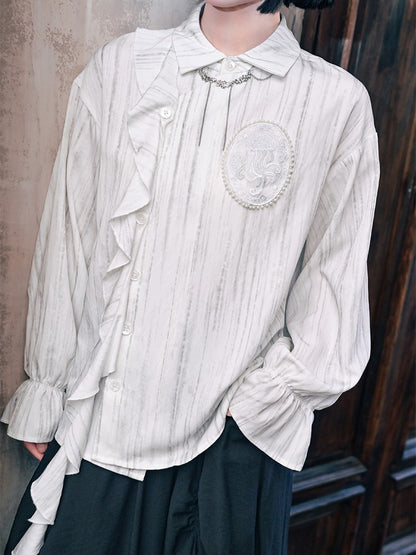 Gothic Shoulder Accents Ribbon White Asymmetrical with Jellyfish Cheongsam Blouse Embroidery