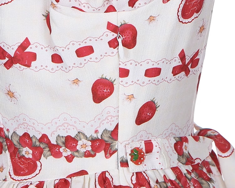 Frühlings-Erdbeer- und Kaninchen-Print, Spitzenbesatz, Schleife, Akzente, Beige, süßes Lolita-Kleid, einteilig