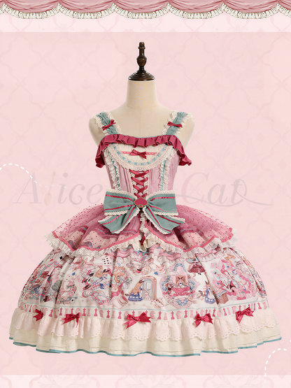 Pink & Green Alice Cat Vibes Sweet Lolita Jumper Skirt with Polka-dot Apron - Mewroco