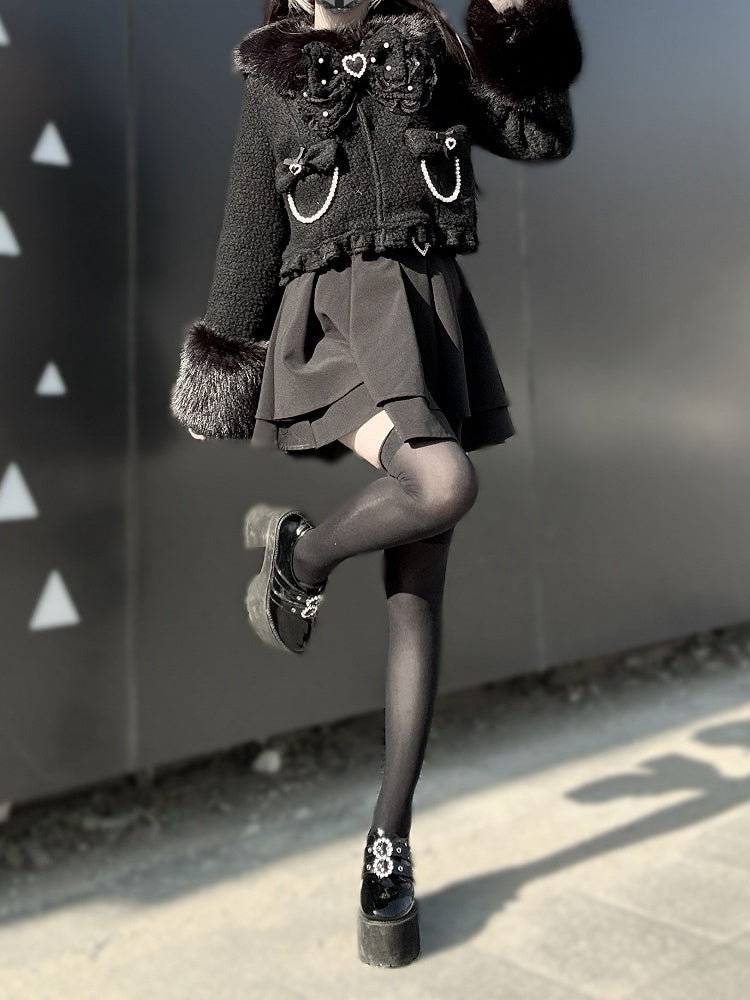 Bow Decor Black Jirai Beaded with Short Fuzzy Kei Chain Coat