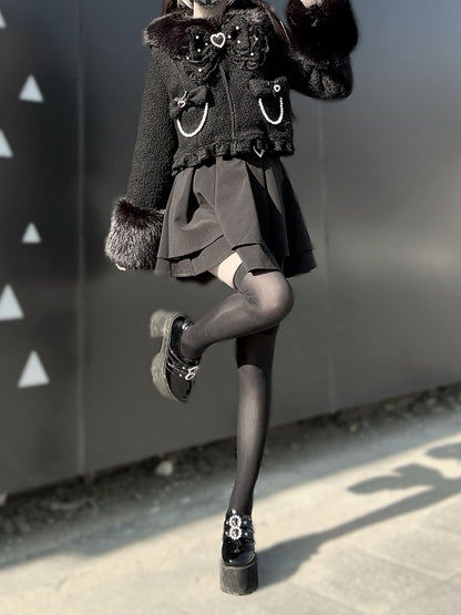 Bow Decor Black Jirai Beaded with Short Fuzzy Kei Chain Coat