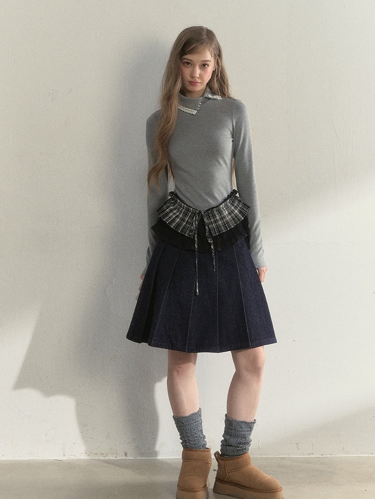 Ruffled and with Asymmetrical Design Long Gray T-Shirt Vintage Sleeve Collar
