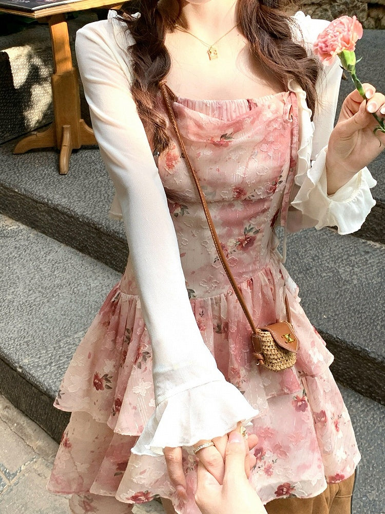 Red Floral Asymmetrical Ruffle Hem Summer Dress - Qchiwawameme