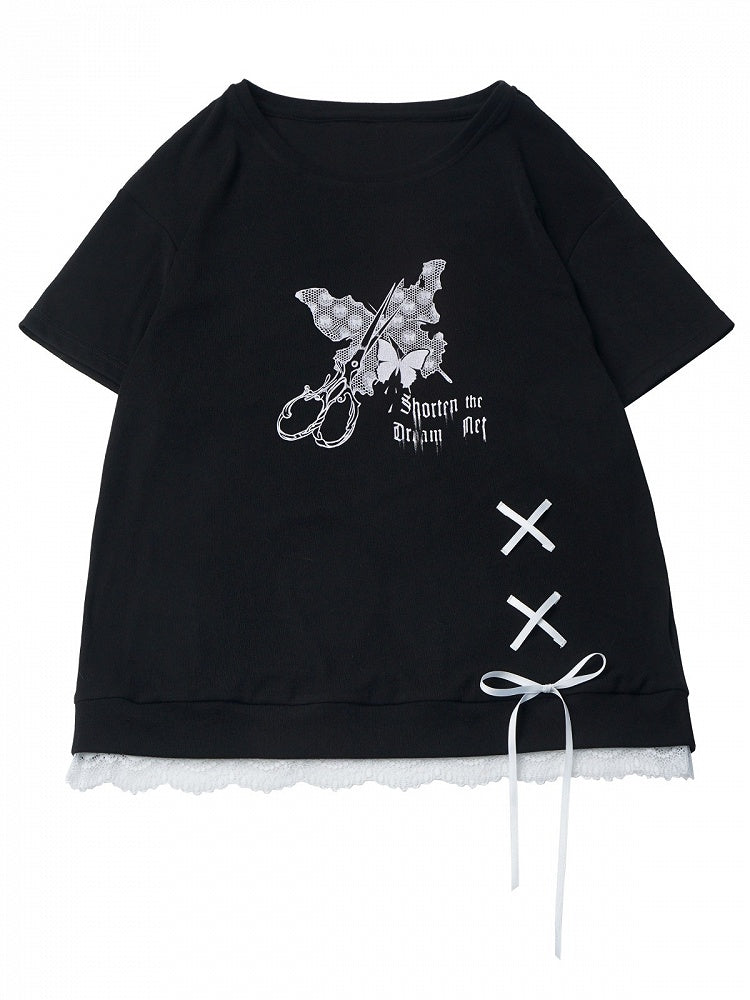 Black Butterfly Round Neck Top with Lace & Ribbon - PINK SAVIOR