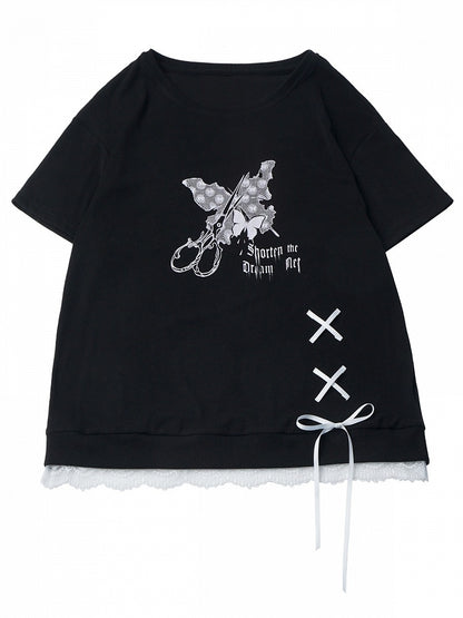 Black Butterfly Round Neck Top with Lace & Ribbon - PINK SAVIOR