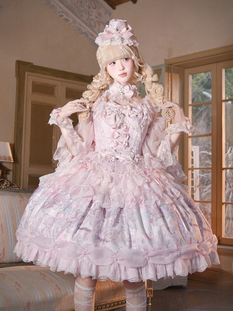 with Dress Hem Sleeves Bell Bear Lolita Angel Ribbon Pink Print Sweet