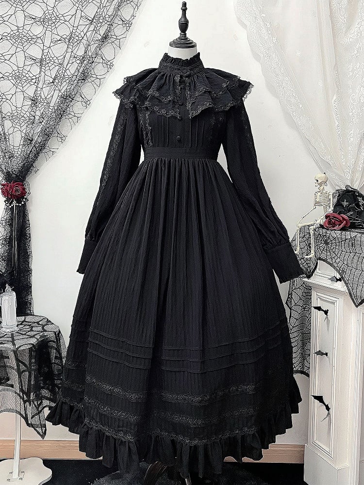 Lolita High Collar Sleeves Gothic Black Dress + Waist Long Kuro