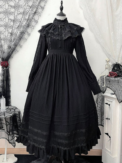 Lolita High Collar Sleeves Gothic Black Dress + Waist Long Kuro