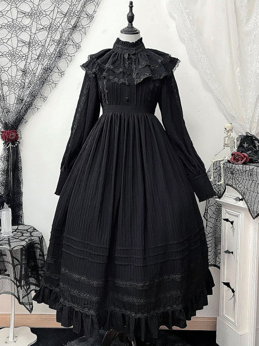 Lolita High Collar Sleeves Gothic Black Dress + Waist Long Kuro