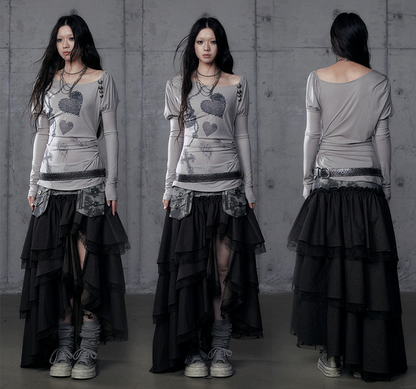 Punk Heart Cross Juliette Knit Top Gray with Sleeves Print Grunge Aesthetic Asymmetrical