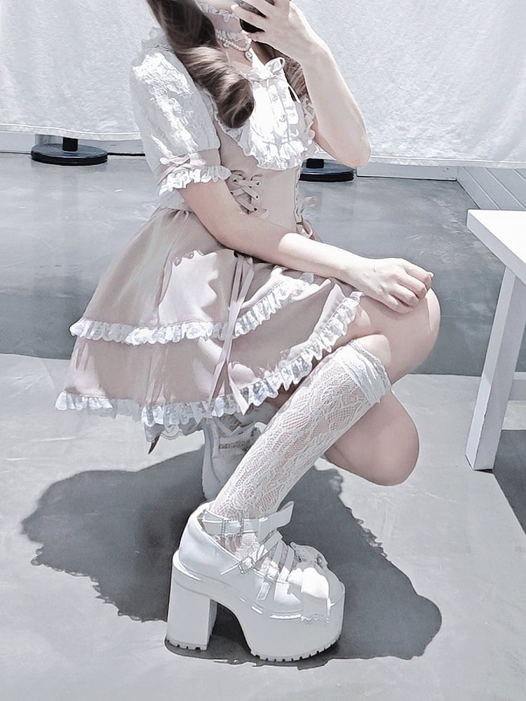 Ryousangata Choker Trim Design White With Sleeve Matching Dress - Bead Fashion Two-Piece Short + Chain Set Shorts Lace Pink