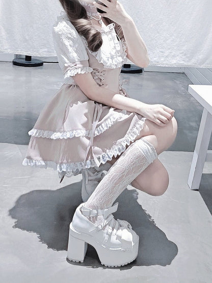 Ryousangata Choker Trim Design White With Sleeve Matching Dress - Bead Fashion Two-Piece Short + Chain Set Shorts Lace Pink