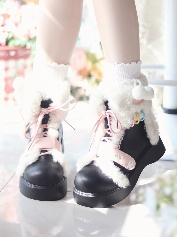 Thick Plush Lolita Closure System Decor Black Dual Boots in Rabbit Sweet with Sole Snow
