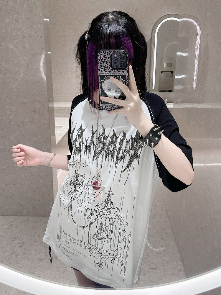 White & Black Jirai-Kei Raglan Short Sleeve Tee with Hot-Fix Rhinestone & Graphic Accents - Puzzles