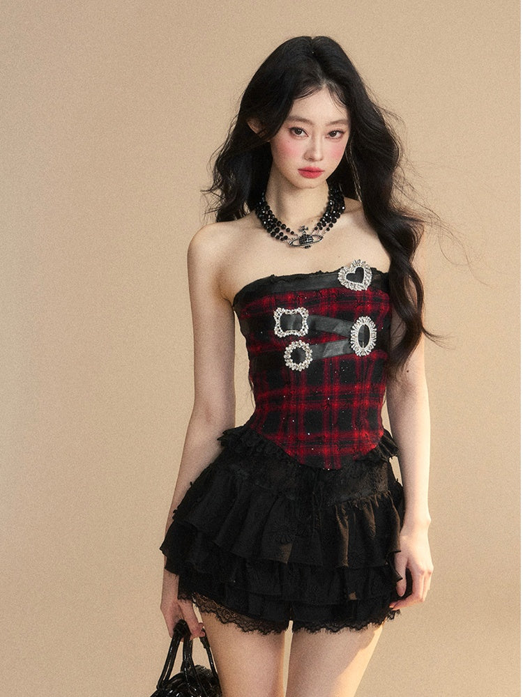 Schwarz kariertes Strassschnallen Spitzenbesatz Glamouröses trägerloses Top Rot