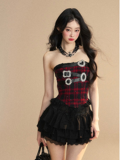 Schwarz kariertes Strassschnallen Spitzenbesatz Glamouröses trägerloses Top Rot