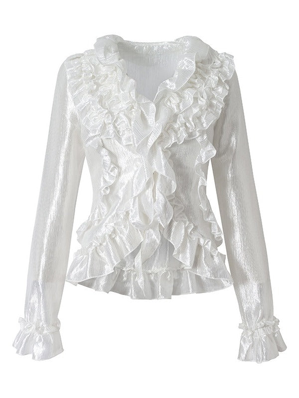 Shimmery White Ruffle Decorated Long Sleeve Blouse with Tie-Back Waist Cinch - NO ROMANCE