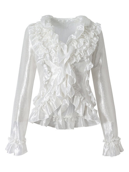 Shimmery White Ruffle Decorated Long Sleeve Blouse with Tie-Back Waist Cinch - NO ROMANCE