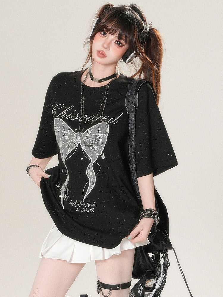 かわいいTシャツプリントアップリケとデイリーレターボウスタービッグホワイト/ブラック