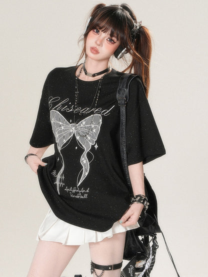 かわいいTシャツプリントアップリケとデイリーレターボウスタービッグホワイト/ブラック