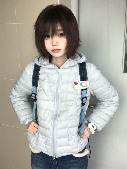 Teardrop Pattern Zipper Jacket with Blue Front Down Hooded - Star Ribbed
