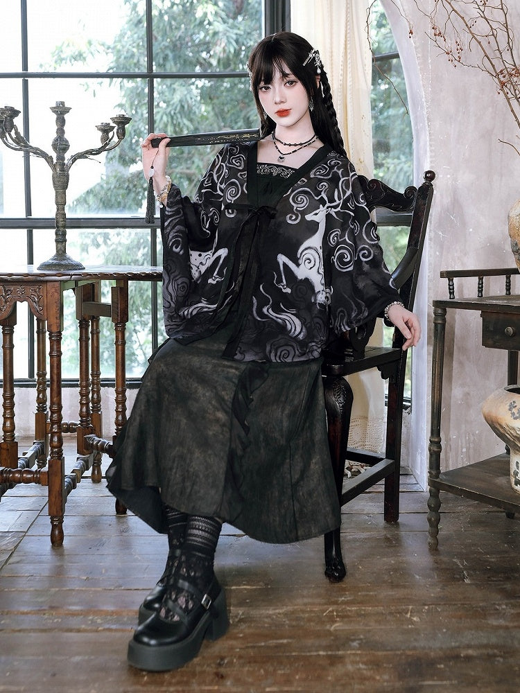 Chinese Gothic Black Chiffon Cardigan with Deer Print - Quirky Hut