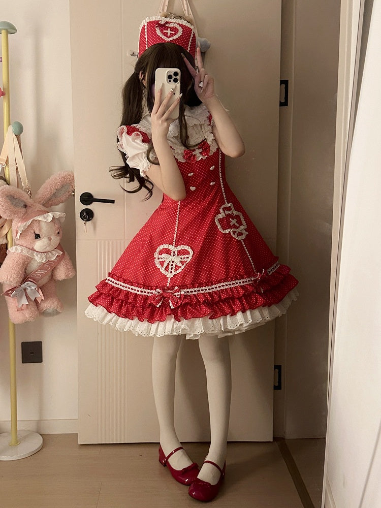 Rüschenmuster Saum Lagenkleid Polka-dot Lolita Red Nurse
