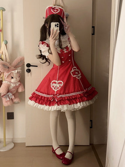 Rüschenmuster Saum Lagenkleid Polka-dot Lolita Red Nurse