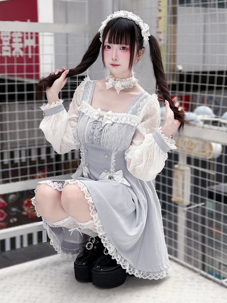 Kei Square Dress Dusty Lace Long-Sleeve Jirai Bow Neck Blue