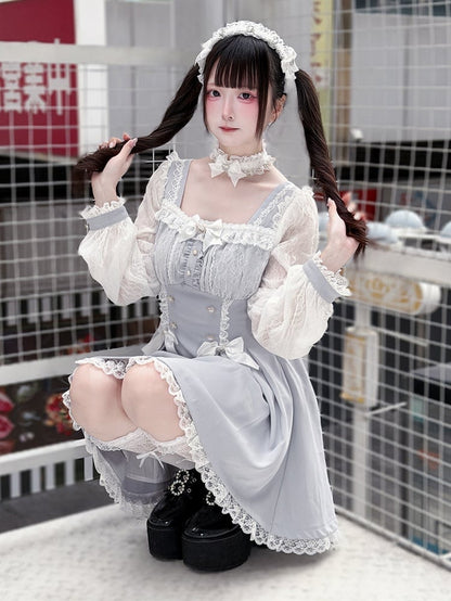 Kei Square Dress Dusty Lace Long-Sleeve Jirai Bow Neck Blue