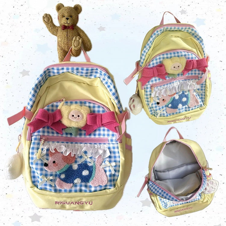 Backpack with Applique Plaid Preppy Puppy Yellow Blue Sporty Plush