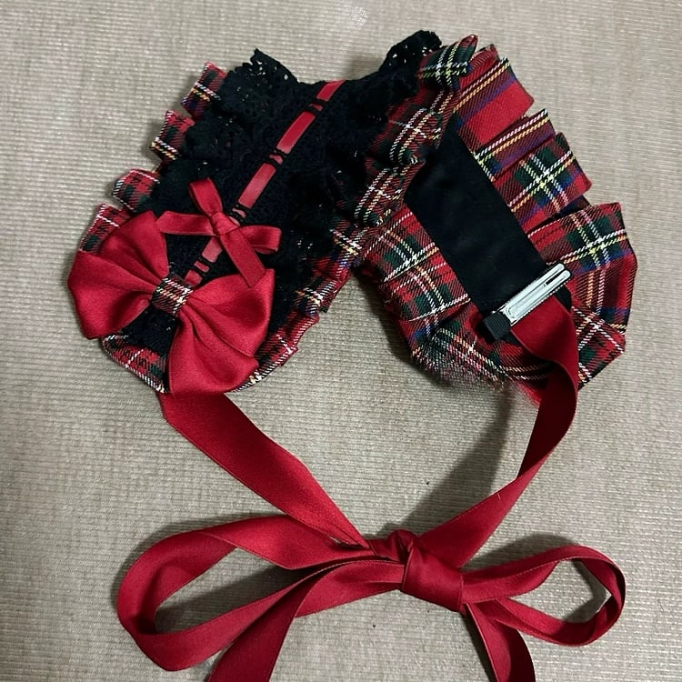 Plaid BlackRed Details Hairband Pattern Ruffled Bowknot