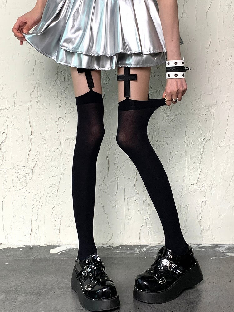Cross Black//White Suspender Applique Y2K Stockings