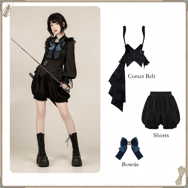 ストラップ付きブルー - ブラックブルマー王子ボウタイボーンセットベルトコルセットショーツロリータ+ゴシック