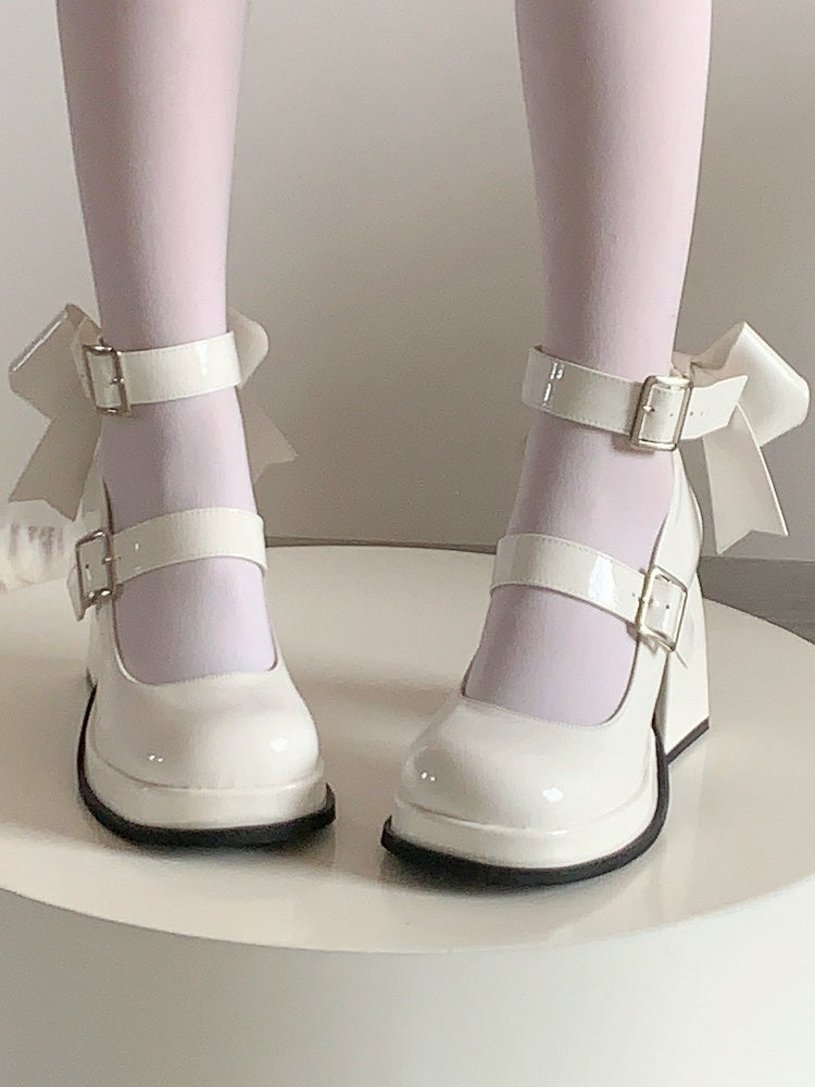 White Lolita Janes Bow at High Straps Heel Back with Buckle Mary Block