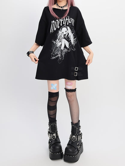Y2K ブラック スナップディテール ネックライン アニメプリント ガール ルーズTシャツ