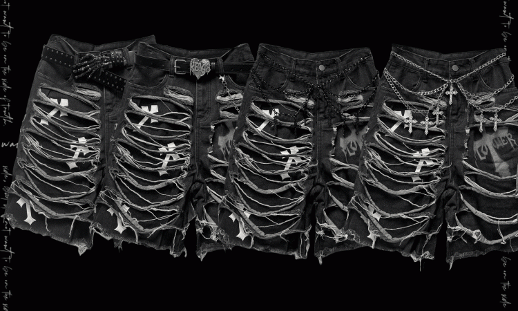 デニムショートパンツ Y2K クロスアップリケ ダメージ加工 穴あき ダークグレー グラマラス