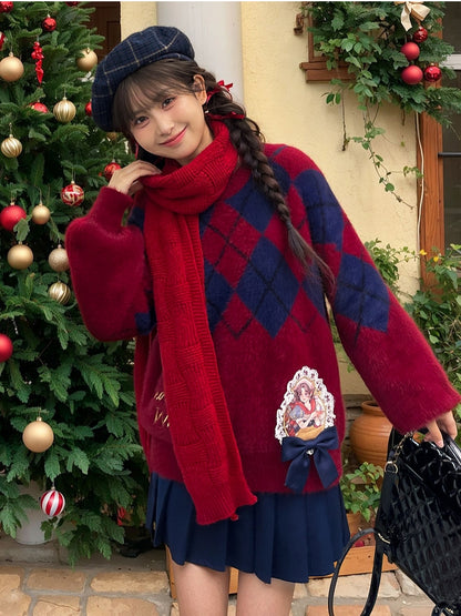 白雪姫プリンセス レッドダイヤモンド柄 モヘア ルーズセーター