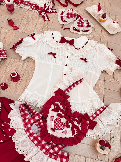 White Short-sleeved Bowknots with Blouse Lolita Red