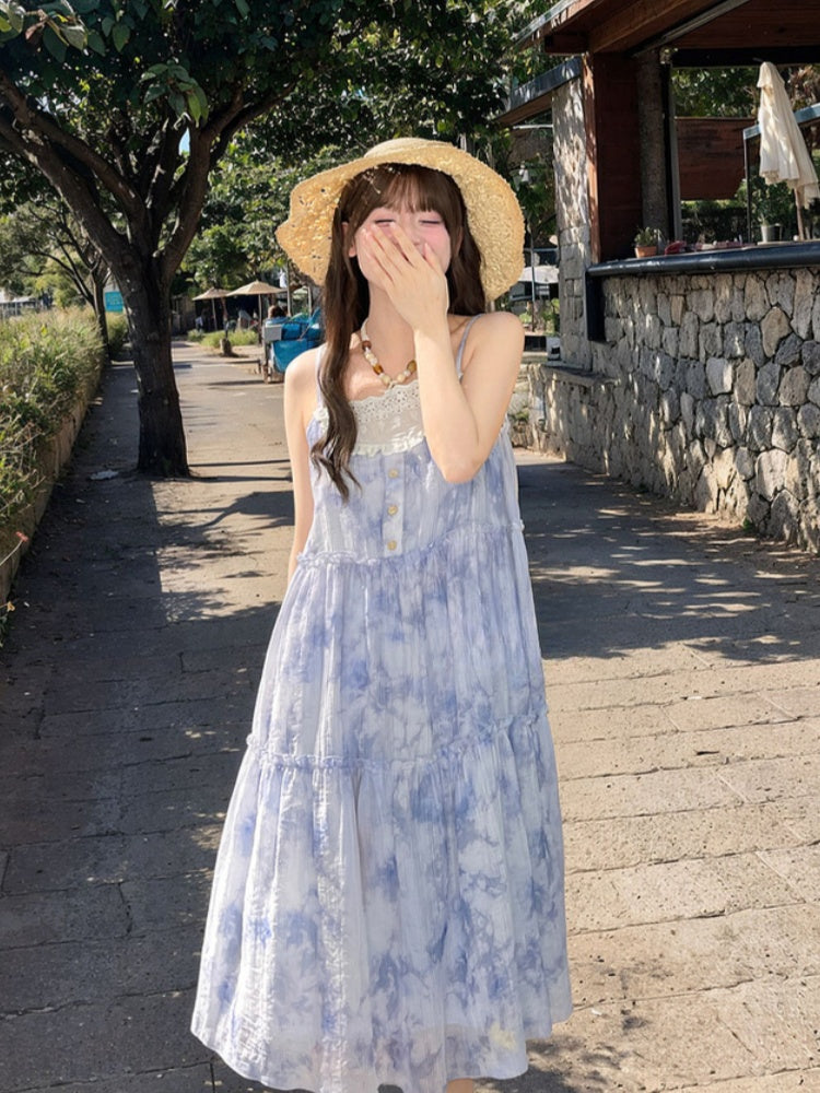 Halter Neck Tie Patches Blue Chiffon Dress Slip Beaded Loose Dye Lace Chain