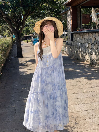 Halter Neck Tie Patches Blue Chiffon Dress Slip Beaded Loose Dye Lace Chain