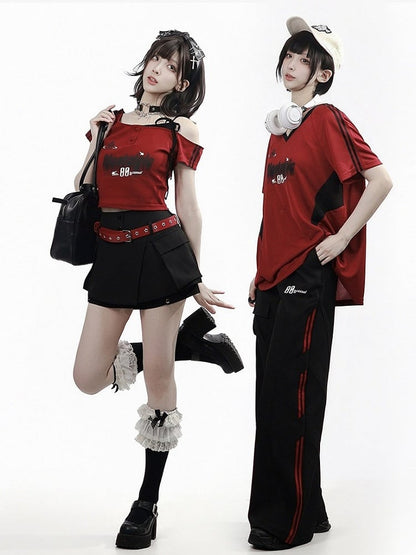 Athletic Red & Black V-Neck Tee with Letter Graphic