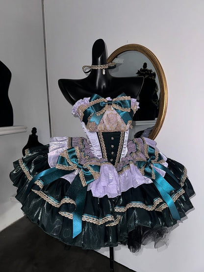 Layers Green Gold Light with Bow Accents and Purple Lace Dress Princess Trim Balletcore