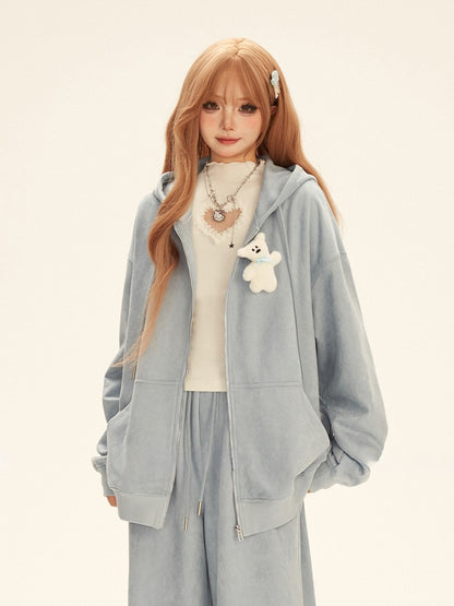 Drawstring Hood Bear Relaxed Jacket with Toy Fit Blue White