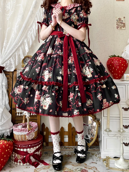 Teddy Print Erdbeerkleid Lolita und Ärmel Kurz Schwarz