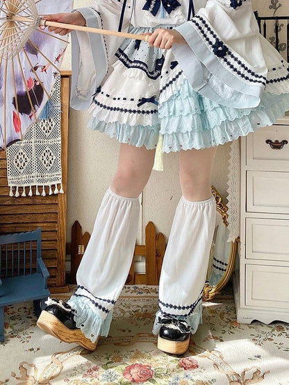 Floral-Accented Lolita Leg White Ruffled Blue Warmers