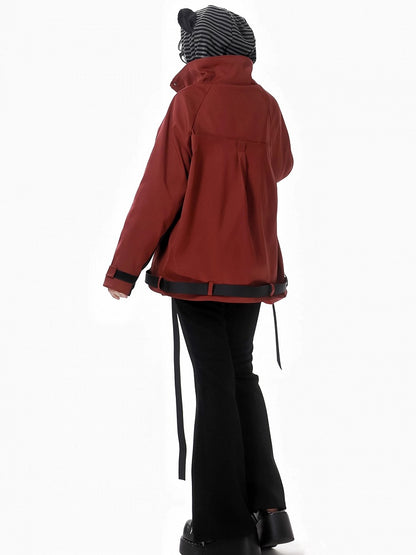 Red and Black Colorblock Sleeves Buckle Strap Unisex Jacket