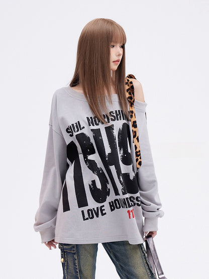 Grauer asymmetrischer Ausschnitt Leopard Glamouröses Sweatshirt Buchstabendruck Riemen