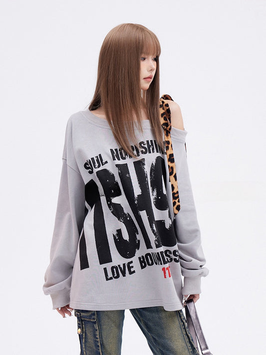 Grauer asymmetrischer Ausschnitt Leopard Glamouröses Sweatshirt Buchstabendruck Riemen